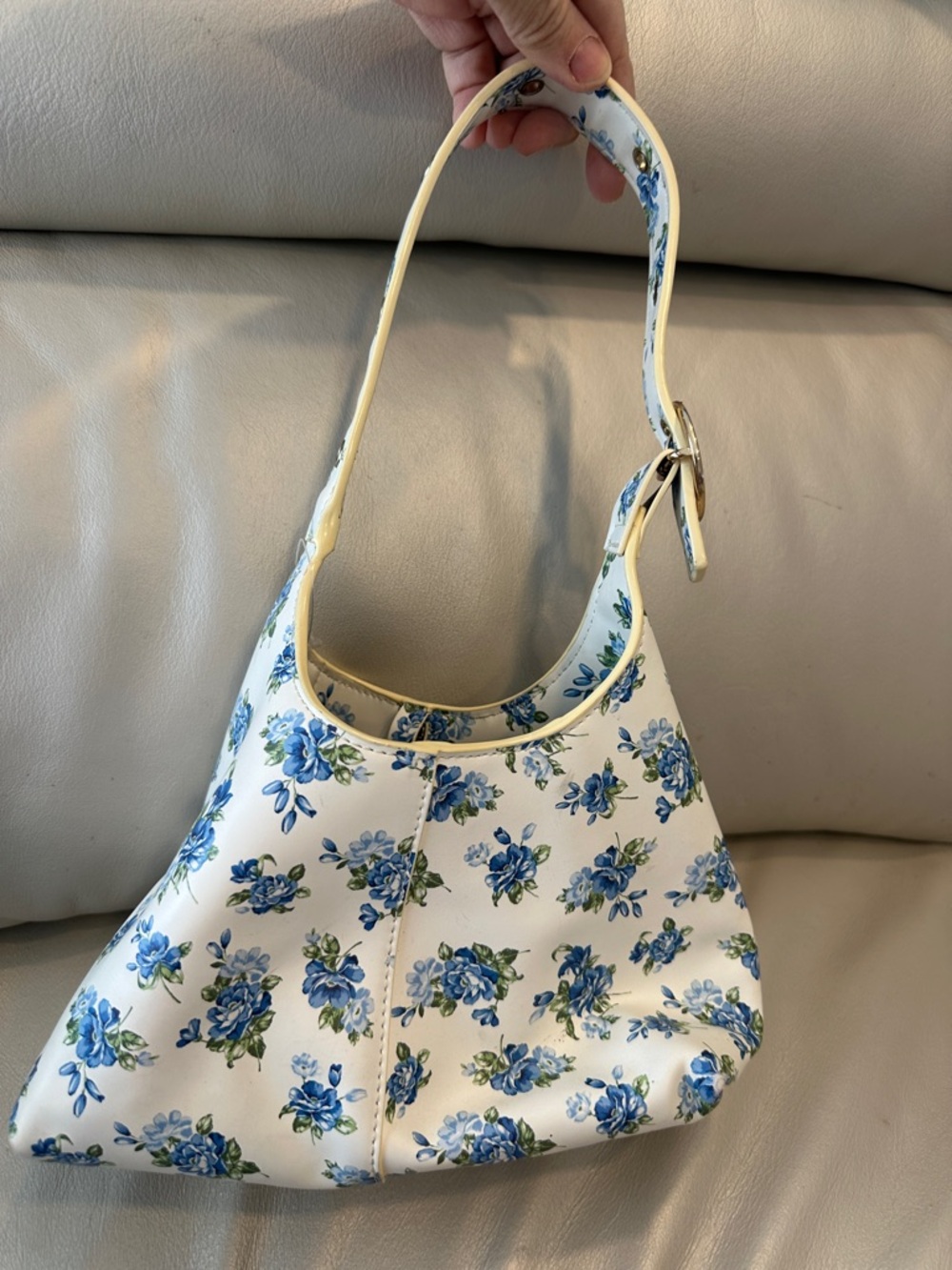 White Shoulder Bag with Blue Floral Print